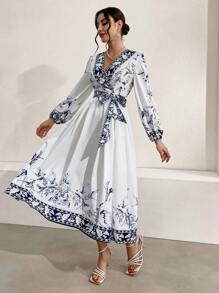 Seusyu Women Dresses Berikat Membungkus Bunga Casual - MultiWarna - View 7