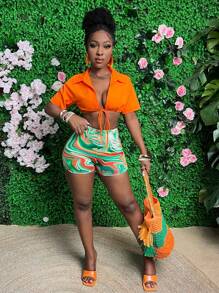 Slaydiva Solid Color Crop Tie Open Front Short Sleeve Shirt And All Over Print Cropped Shorts