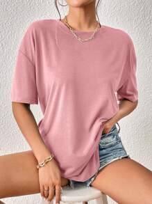 INAWLY Women's Round Neck Dropped Shoulder Short Sleeve T-Shirt - Dusty Pink - View 5