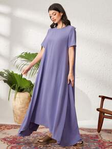 Seusyu 女士圓領短袖不對稱裙擺連衣裙 - 紫色 - 查看 5