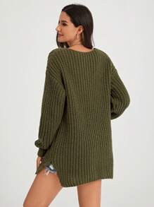 SHEIN LUNE Women's Slit Hem Drop Shoulder Sweater - Army Green - View 2