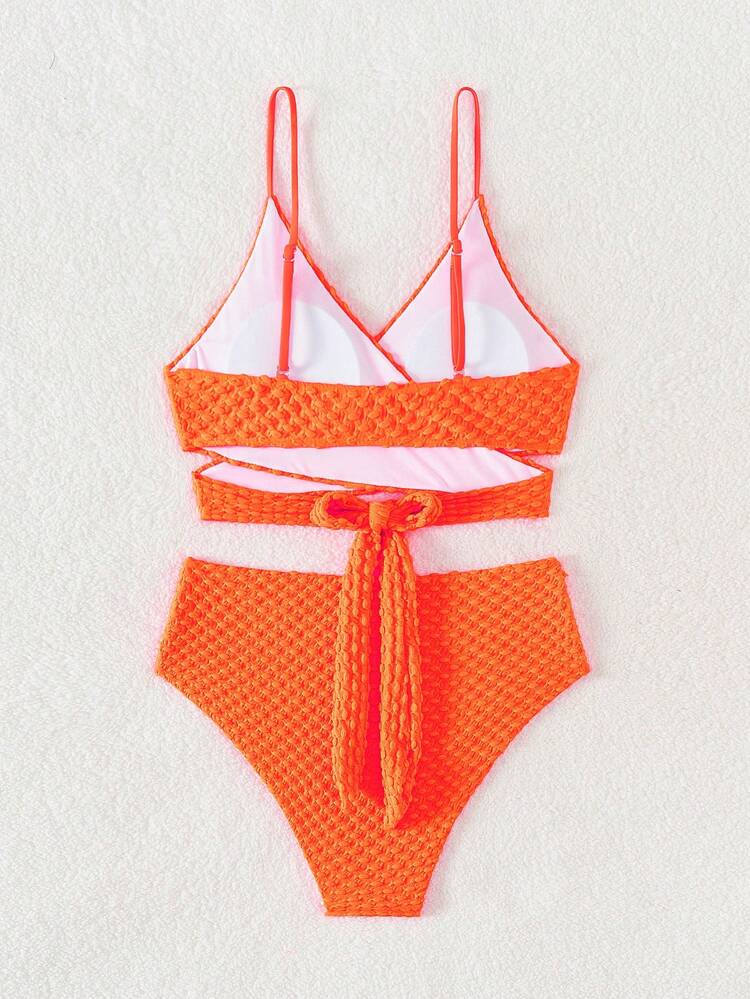 Ladies' Summer Beach Cross Back Texture Swimwear Bikini Set Bathing Suit