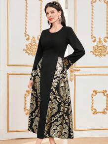 Modelyn Gold Foil Print Patchwork Dress - Black - View 3