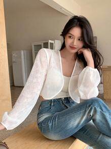 DAZY Women's Solid Color Sheer Long Sleeve Cropped Jacket Summer - White - View 3