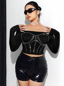 SHEIN ICON Plus Size Off-Shoulder Long Sleeves Cropped T-Shirt - Black - View 4