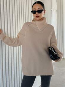 DAZY 女士不对称拉链长袖开衫，秋季女装 - 杏色 - 查看 4