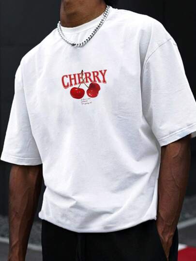 Manfinity ZONE917 Men White Knitted Round Neck Short Sleeve T-Shirt With Letter And Cute Cherry Graphic Print, Boyfriend Gift, For Going Out