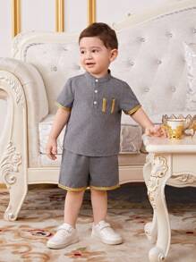 SHEIN Baby Boy Outfit, Short Sleeve Polo Shirt With Button Placket And Decorative Woven Tape Detail On Collar, Casual Shorts Set