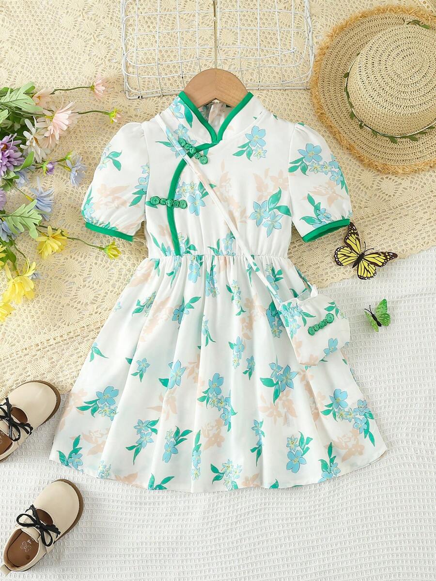 SHEIN 女孩夏日度假風碎花印花旗袍短袖洋裝搭扣+包包 - 彩色 - 查看 1