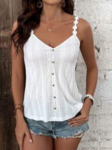 SHEIN Frenchy Women's Lace Shoulder Strap Solid Color Hollow Textured Fabric Camisole Summer Tank Tops Vacation Clothes Wedding Tops White