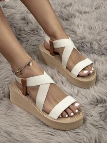 女式白色時尚夏季鞋,編織高跟夾層厚底涼鞋,休閒海灘女拖鞋,藤椅風格 - 白色 - 查看 2