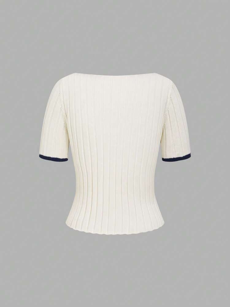 Knitted Short Sleeve Top With National Flag Pattern