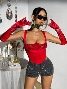 SHEIN ICON Going Out Débardeur Corset Rouge Réversible À Paillettes Pour Femme - Rouge - Voir 3
