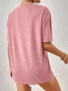 INAWLY Women's Round Neck Dropped Shoulder Short Sleeve T-Shirt - Dusty Pink - View 2