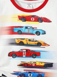 SHEIN Baby Boys' Color Block Racing Car Printed T-Shirt And Checkered Casual Shorts Set - Multicolor - View 6