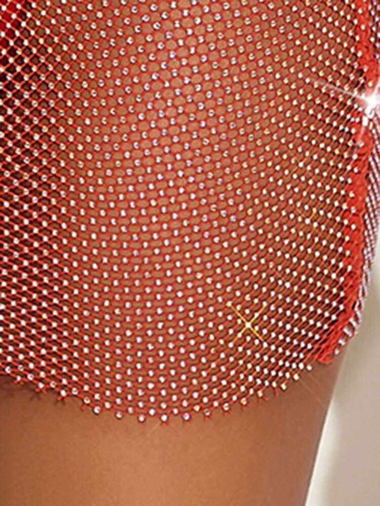 Valentine's Day Gorgeous Women's Orange Charming Fishnet Hollow Sexy Hot Girl Nightclub Asymmetrical Collar Diagonal Collar One-Shoulder Rhinestone Diamond Tight High-Elastic Dress