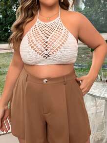 Flirla Top De Punto Halter Ahuecado Para Mujer Talla Grande