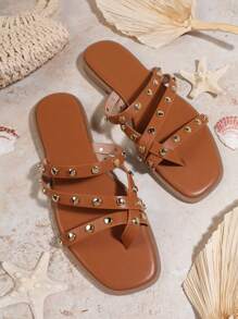SHUZIA Women's Fashionable Flat Sandals With Cross Straps And Rivets Embellishment - Brown - View 3