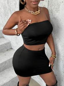 Slaydiva 纯色抹胸和修身短裙两件套 - 黑色 - 查看 4