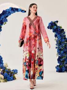 Al Najma 水洗紮染花卉拼接亮片點綴絲帶束腰連衣裙 - 彩色 - 查看 4