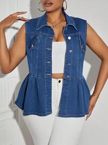 SHEIN SXY Plus Size Women's Sleeveless A-Line Denim Jacket - Medium Wash - View 4