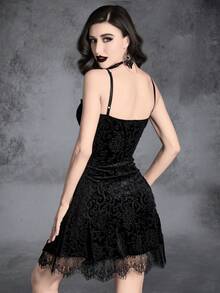 Gothic Contrast Lace Velvet Cami Dress Without Gloves - Black - View 2