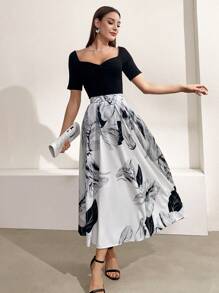 Mulvari Women's Random Printed Simple Daily Wear Skirt, Maxi Skirt - Black and White - View 3