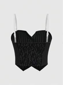 ROMWE PUNK Của phụ nữ Ngực đơn Sọc Áo Bandeau - Đen và trắng - Xem 2