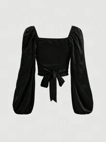 SHEIN MOD 女式灯笼袖裹身设计黑色衬衫 - 黑色 - 查看 2