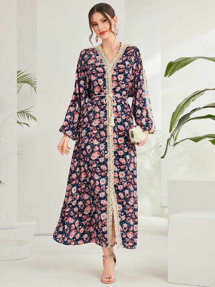 Women's Floral Printed Lantern Sleeve Arabian Dress