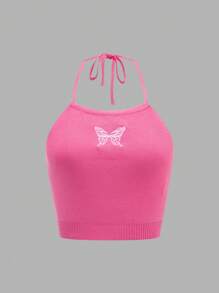 SHEIN Unity Butterfly Embroidery Ribbed Knit Halter Top - Hot Pink - View 1
