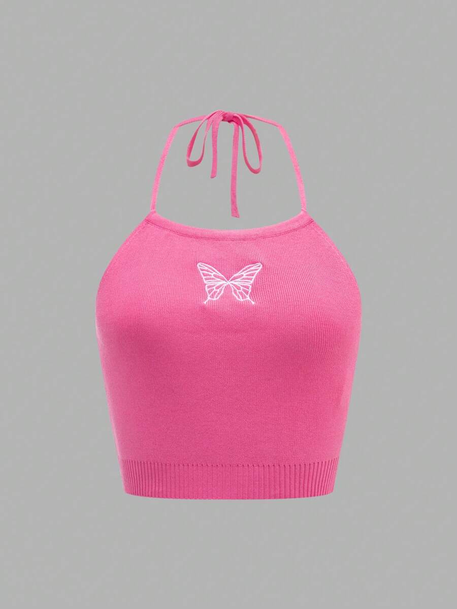 SHEIN Unity Butterfly Embroidery Ribbed Knit Halter Top - Hot Pink - View 1