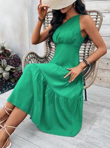 Breezaya Một  vai Không tay Xù Hoa Sen Đầm - màu xanh lá - Xem 3