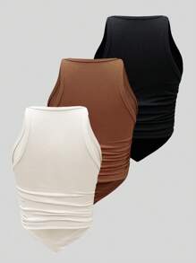 SHEIN ChicEase Chất rắn Có màu sắc Đan Xương sườn Viền không đối xứng Xếp li Áo ba lỗ Bộ , Nhiều Màu sắc sẵn có - Nhiều màu - Xem 2