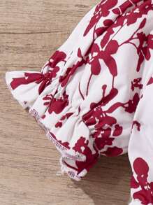 SHEIN 嬰兒女寶寶休閒蝴蝶結和植物印花短袖連體裝 - 紅色 - 查看 6