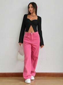 SHEIN MOD Solid Color Women's Twist Knot, Sweetheart Collar T-Shirt - Black - View 6