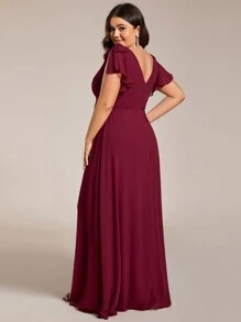 Chiffon Split Thigh Ruffle Trim Bow Shoulder Bridesmaid Dress - Burgundy - View 2