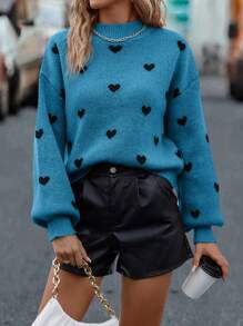 SHEIN LUNE Long Sleeve Pullover Sweater With Heart Pattern, Knit Pullover Fall Winter - Blue - View 6