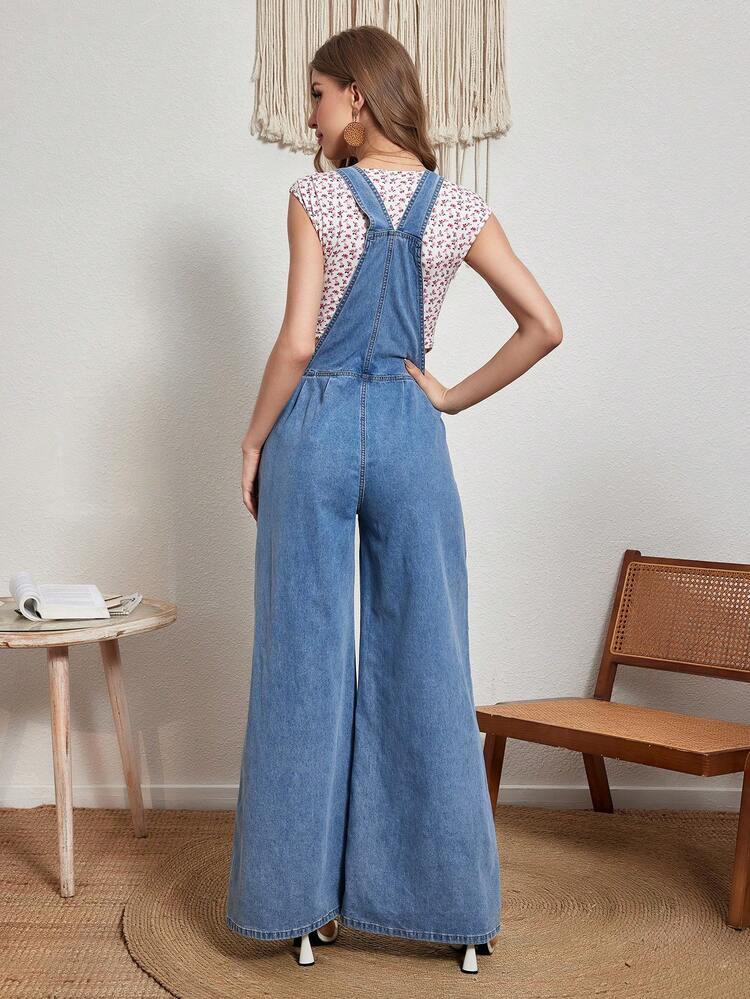 Women's Pocket & Front Ripped Denim Overalls