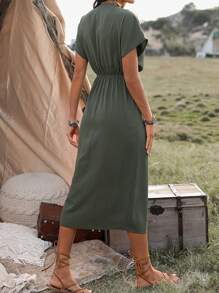 Wandoria Ladies' Solid Color Wrap Tie Dress Maxi Vacation Beach Outfits Women - Army Green - View 2