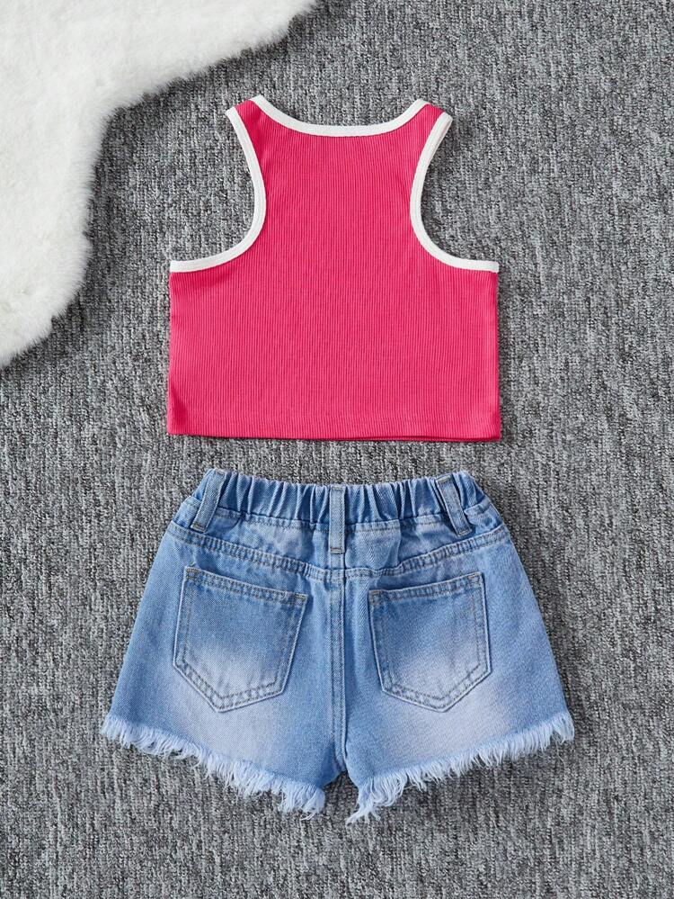 Young Girl Printed Slogan Tank Top And Shorts Set