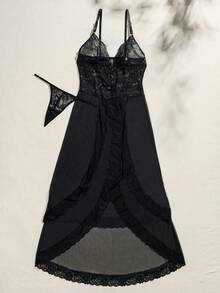 SHEIN 女性高分裂蕾絲背心連衣裙+t型後背性感內衣套裝 - 黑色 - 查看 6