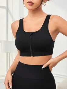 Yoga Trendy 女式純色休閒拉鍊運動文胸 - 黑色 - 查看 6