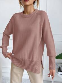 SHEIN Cottnline Raglan Sleeve Split Hem Sweater - Pink - View 4