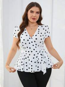 SHEIN Clasi Summer Women's Plus Size Polka Dot Printed Puff Sleeve  Shirt