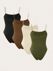 SHEIN 4pcs Solid Color Slim-Fit Strap Bodysuit