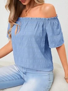 SHEIN LUNE Của phụ nữ Off-shoulder Ngắn tay Áo sơ mi Với Lá sen tỉa - Màu xanh nhạt - Xem 3