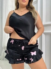 Plus Size Women's Satin Plain Butterfly Printed Camisole Top And Shorts Pajama Set - Black - View 5