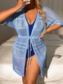 SHEIN LUNE Cárdigan De Cintura Con Cordón De Punto Ahuecado De Color Sólido De Talla Grande - Celeste - Ver 5