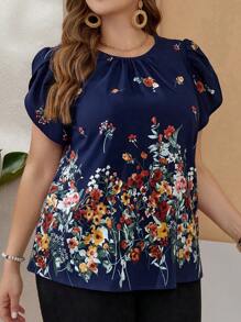 EMERY ROSE Plus Size Petal Sleeve Round Neck Floral Print Blue Summer Shirt